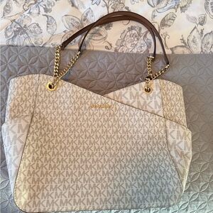 Michael Kors Cream Beige MK Signature Shoulder Tote with Gold Chain Straps
